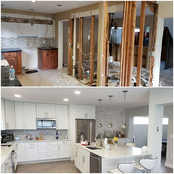 This kitchen was converted into a custom kosher kitchen. Removing the wall and adding an island to accommodate another sink, dishwasher and seating for this family of 5 children. Really opens up the space beautifully.